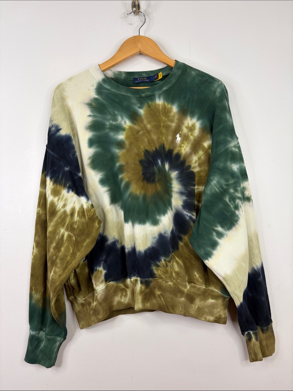 Polo Ralph Lauren Sweatshirt Womens Medium Green Blue Tie Dye Cotton Terry Loose